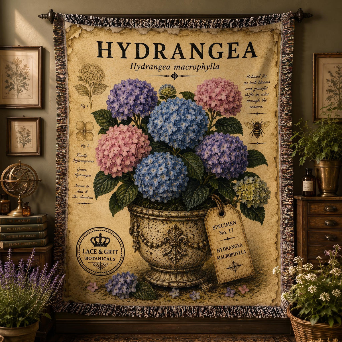 Blue Hydrangea Woven Throw Blanket, Botanical Garden Decor, Cotton Tapestry Throw, English Cottage Floral Gift