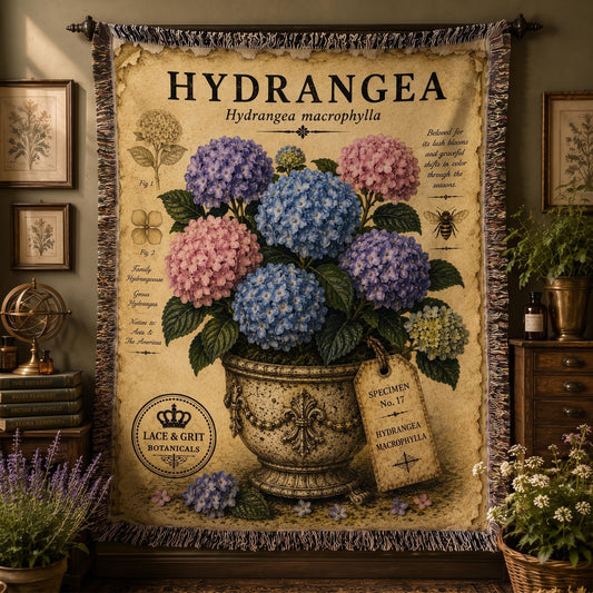 Blue Hydrangea Woven Throw Blanket, Botanical Garden Decor, Cotton Tapestry Throw, English Cottage Floral Gift