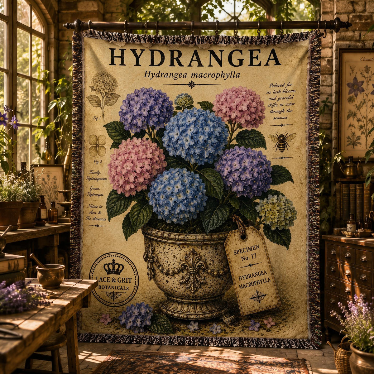 Blue Hydrangea Woven Throw Blanket, Botanical Garden Decor, Cotton Tapestry Throw, English Cottage Floral Gift