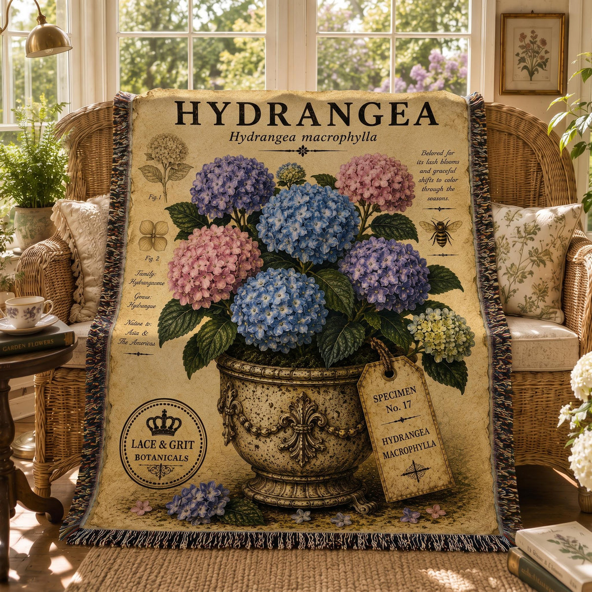 Blue Hydrangea Woven Throw Blanket, Botanical Garden Decor, Cotton Tapestry Throw, English Cottage Floral Gift