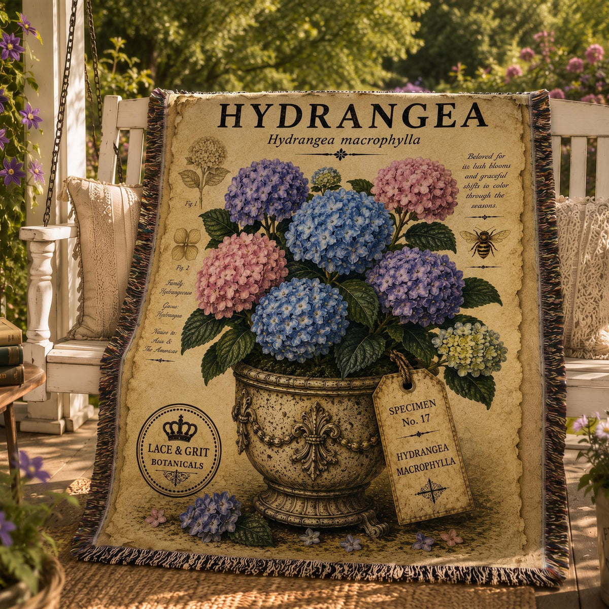 Blue Hydrangea Woven Throw Blanket, Botanical Garden Decor, Cotton Tapestry Throw, English Cottage Floral Gift