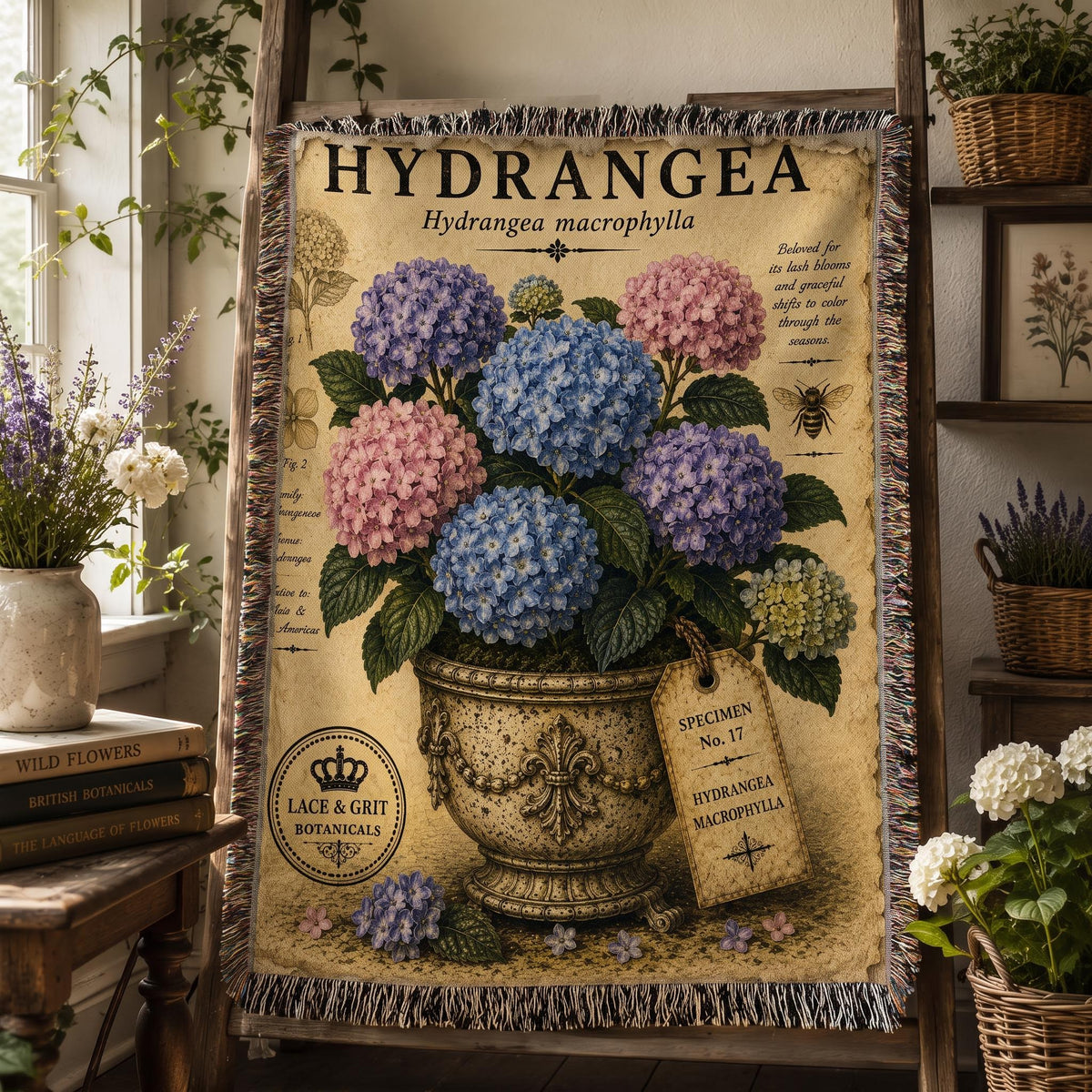 Blue Hydrangea Woven Throw Blanket, Botanical Garden Decor, Cotton Tapestry Throw, English Cottage Floral Gift
