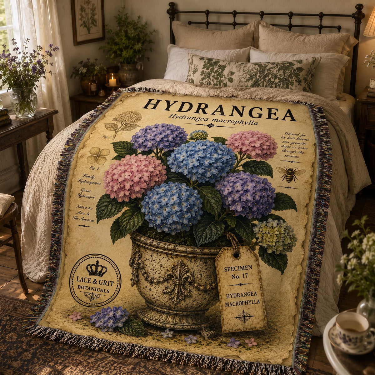 Blue Hydrangea Woven Throw Blanket, Botanical Garden Decor, Cotton Tapestry Throw, English Cottage Floral Gift