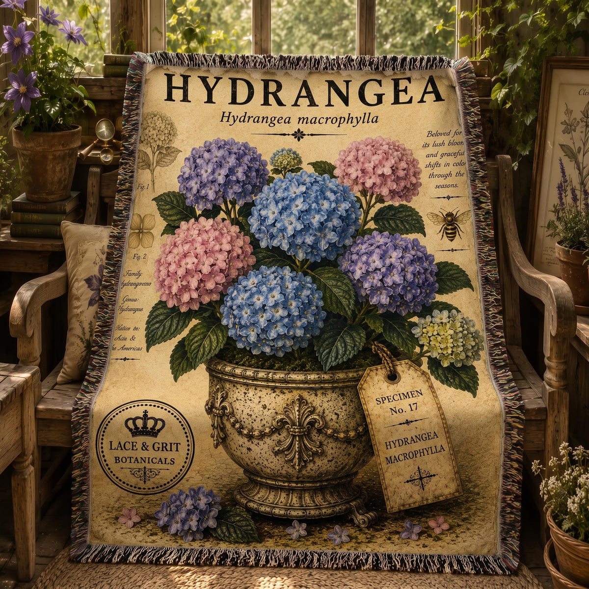 Blue Hydrangea Woven Throw Blanket, Botanical Garden Decor, Cotton Tapestry Throw, English Cottage Floral Gift