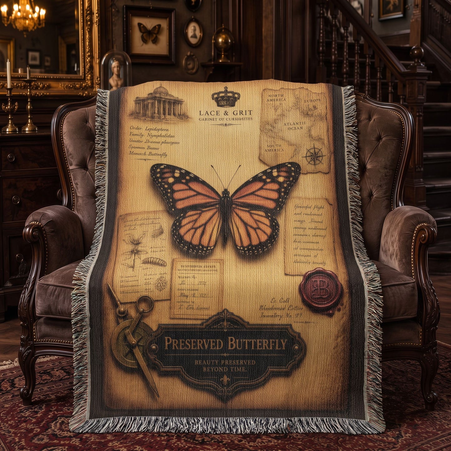 Preserved Butterfly Woven Throw Blanket | Cabinet of Curiosities Decor | Cotton Tapestry | Natural History Gift