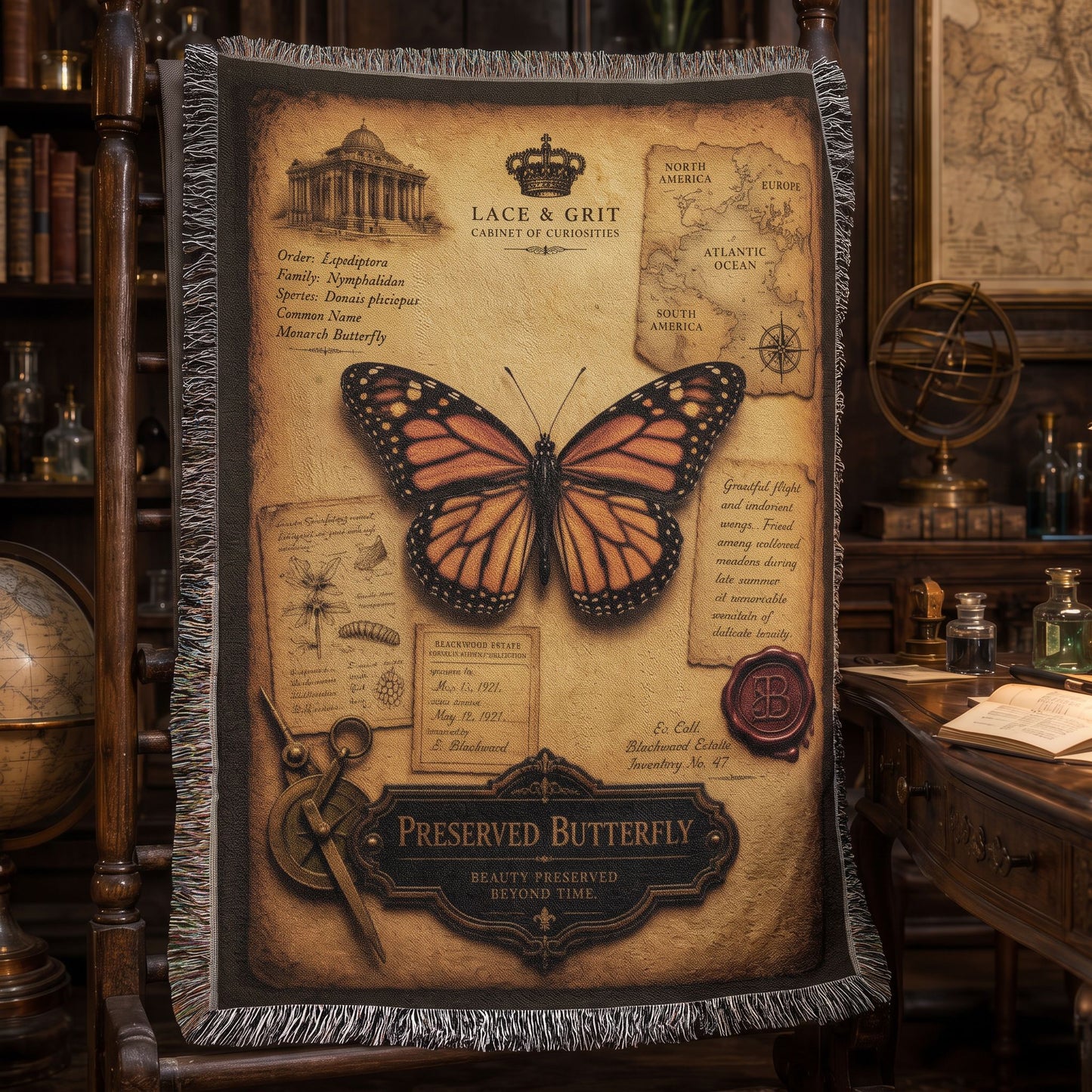 Preserved Butterfly Woven Throw Blanket | Cabinet of Curiosities Decor | Cotton Tapestry | Natural History Gift