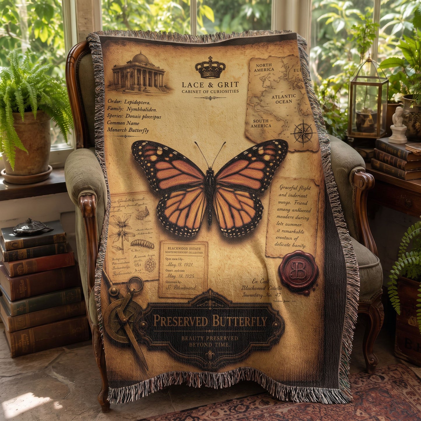Preserved Butterfly Woven Throw Blanket | Cabinet of Curiosities Decor | Cotton Tapestry | Natural History Gift