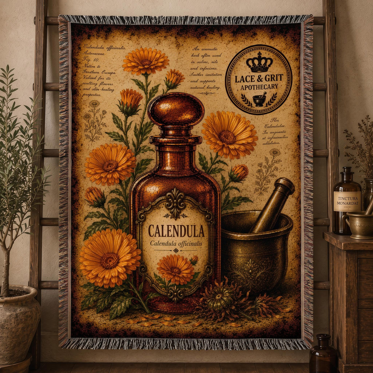 Calendula Woven Throw Blanket, Botanical Apothecary Decor, Cotton Tapestry Throw, English Cottage Herbal Gift