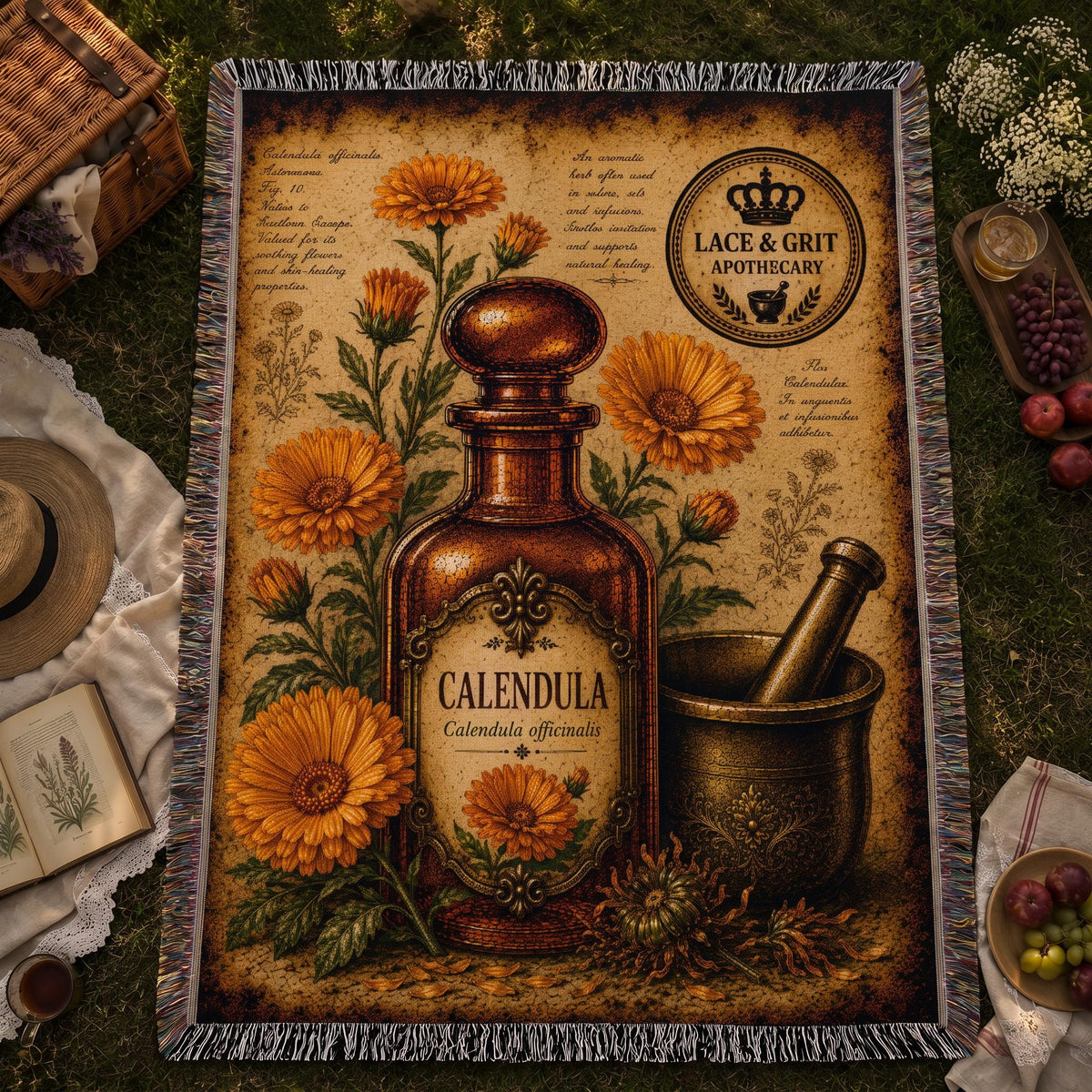 Calendula Woven Throw Blanket, Botanical Apothecary Decor, Cotton Tapestry Throw, English Cottage Herbal Gift