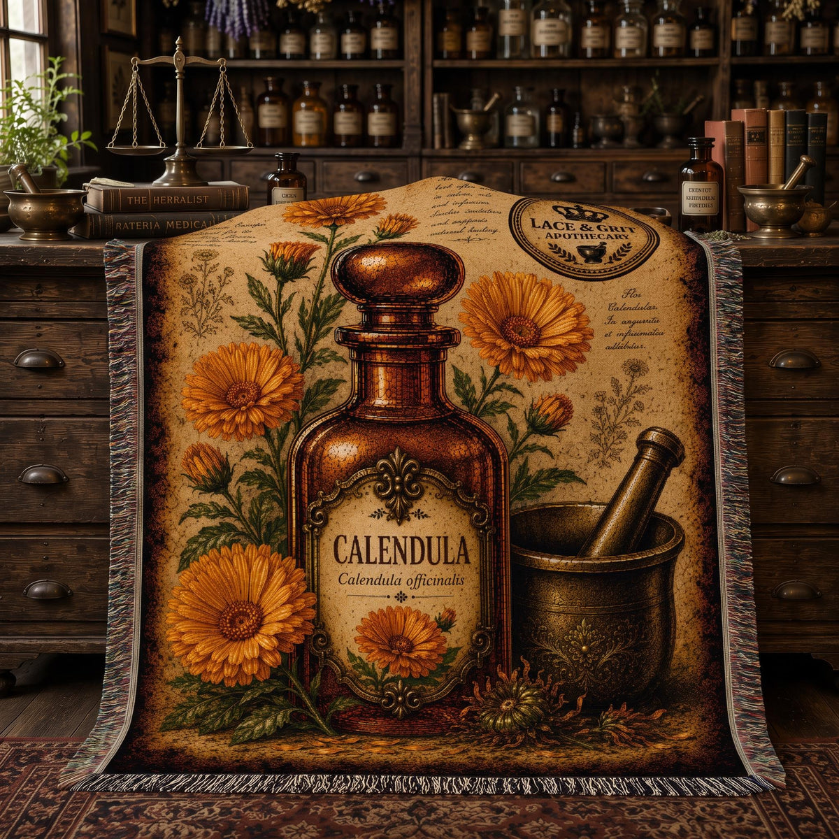Calendula Woven Throw Blanket, Botanical Apothecary Decor, Cotton Tapestry Throw, English Cottage Herbal Gift