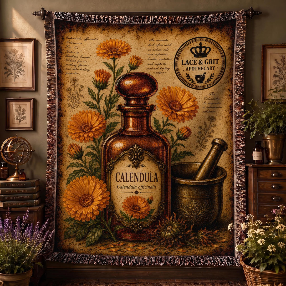 Calendula Woven Throw Blanket, Botanical Apothecary Decor, Cotton Tapestry Throw, English Cottage Herbal Gift