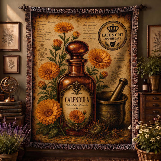 Calendula Woven Throw Blanket, Botanical Apothecary Decor, Cotton Tapestry Throw, English Cottage Herbal Gift