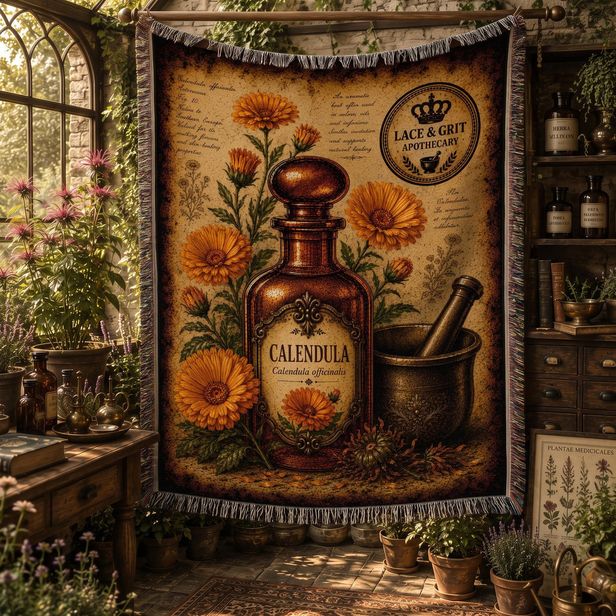 Calendula Woven Throw Blanket, Botanical Apothecary Decor, Cotton Tapestry Throw, English Cottage Herbal Gift