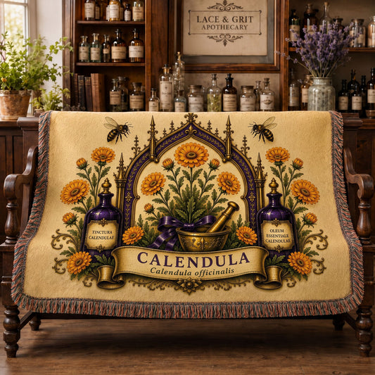Calendula Woven Throw Blanket | Botanical Apothecary Decor | Cotton Tapestry Throw | English Cottage Herbal Gift