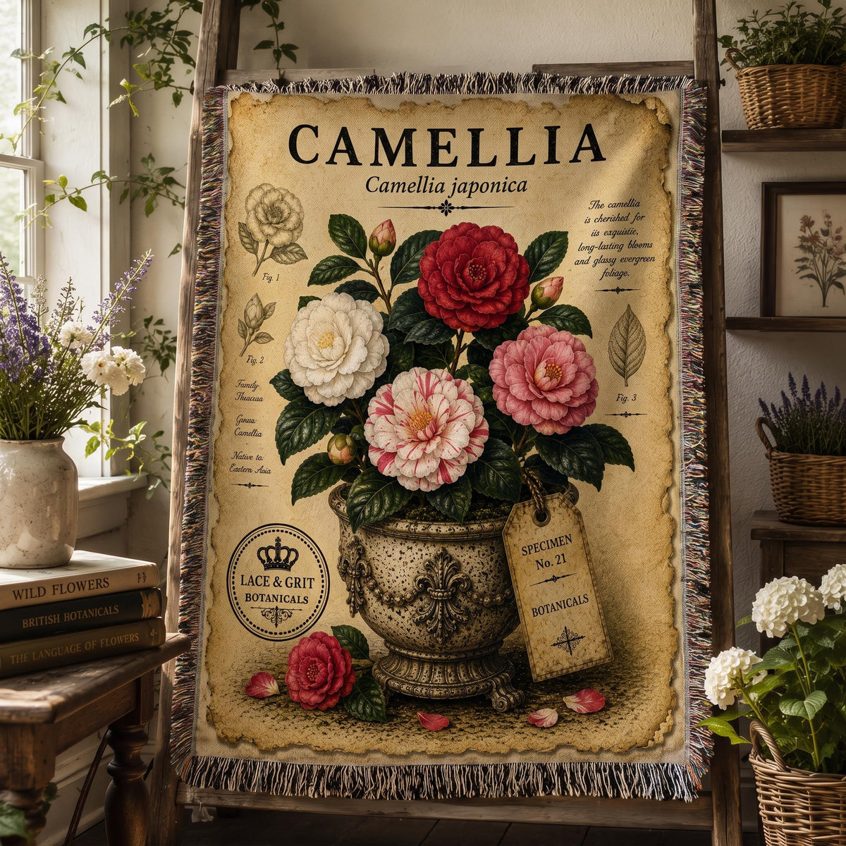 Camellia Woven Throw Blanket, Botanical Garden Decor, Cotton Tapestry Throw, English Cottage Floral Gift