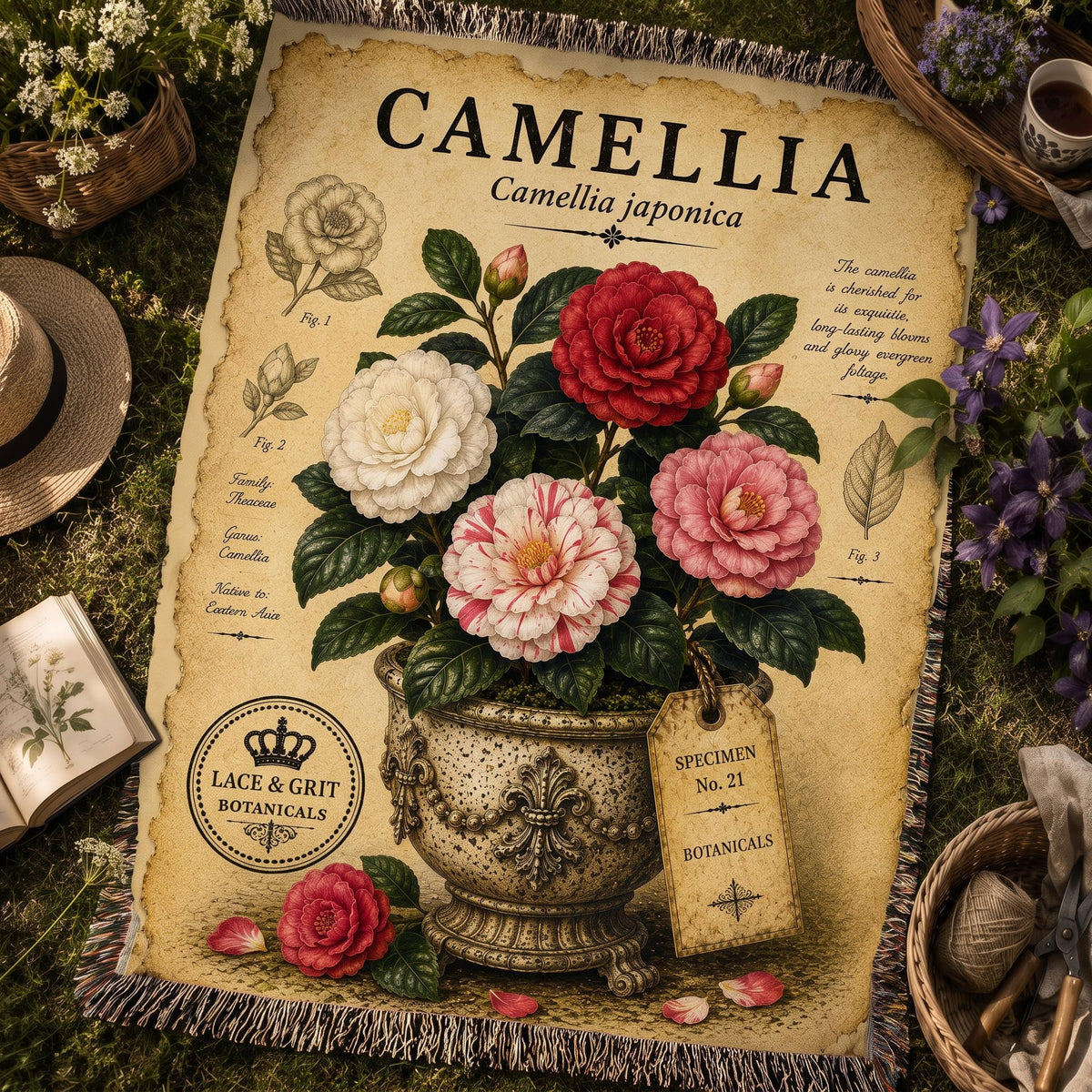 Camellia Woven Throw Blanket, Botanical Garden Decor, Cotton Tapestry Throw, English Cottage Floral Gift