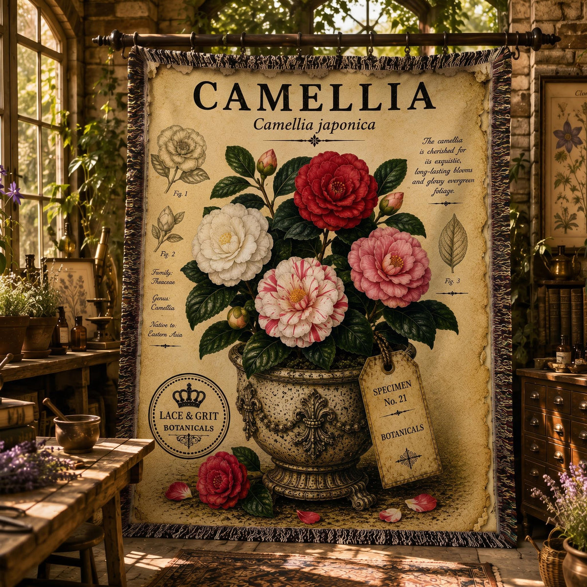 Camellia Woven Throw Blanket, Botanical Garden Decor, Cotton Tapestry Throw, English Cottage Floral Gift