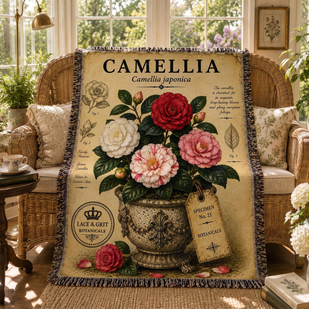 Camellia Woven Throw Blanket, Botanical Garden Decor, Cotton Tapestry Throw, English Cottage Floral Gift