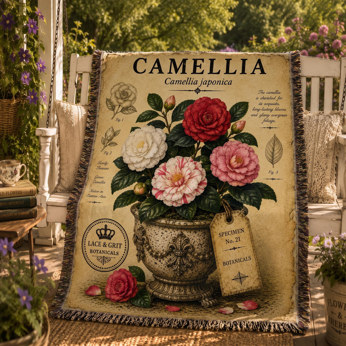 Camellia Woven Throw Blanket, Botanical Garden Decor, Cotton Tapestry Throw, English Cottage Floral Gift