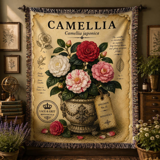 Camellia Woven Throw Blanket, Botanical Garden Decor, Cotton Tapestry Throw, English Cottage Floral Gift