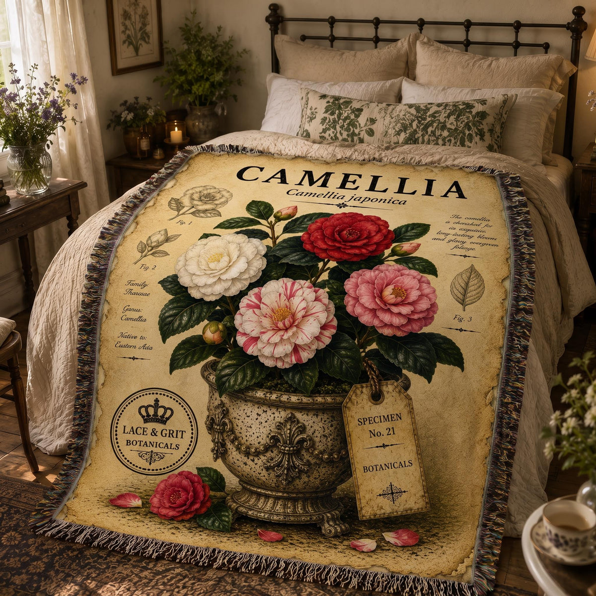 Camellia Woven Throw Blanket, Botanical Garden Decor, Cotton Tapestry Throw, English Cottage Floral Gift