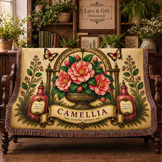 Camellia Woven Throw Blanket | Botanical Garden Decor | Cotton Tapestry Throw | English Cottage Floral Gift