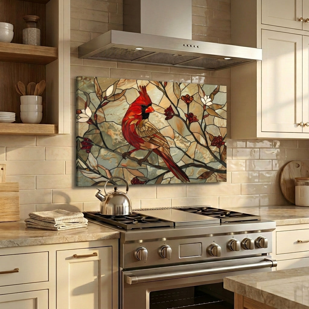 Cardinal Metal Kitchen Backsplash Panel, Stained Glass Look Bird Wall Art