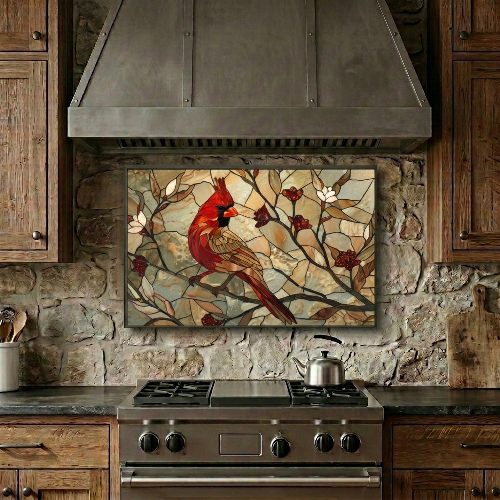 Cardinal Metal Kitchen Backsplash Panel, Stained Glass Look Bird Wall Art