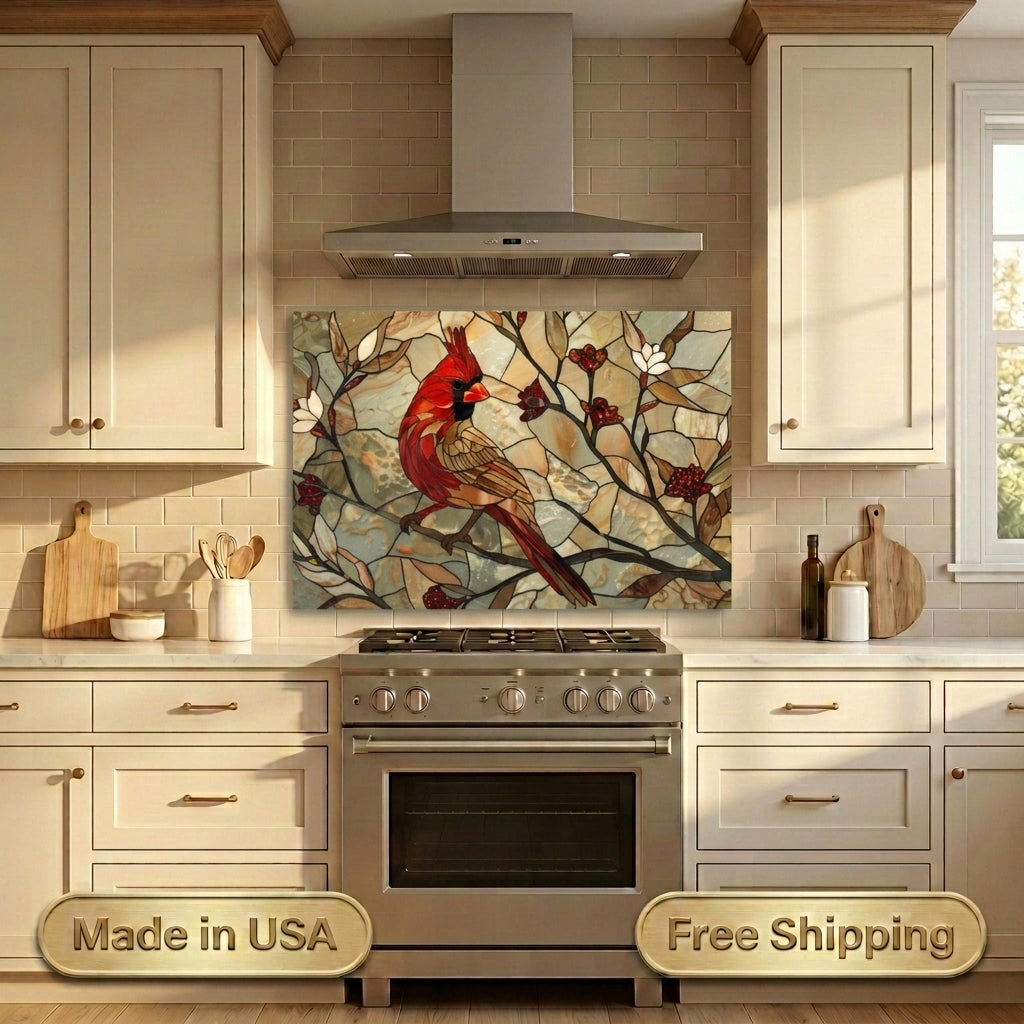Cardinal Metal Kitchen Backsplash Panel, Stained Glass Look Bird Wall Art