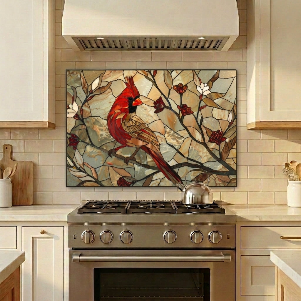 Cardinal Metal Kitchen Backsplash Panel, Stained Glass Look Bird Wall Art