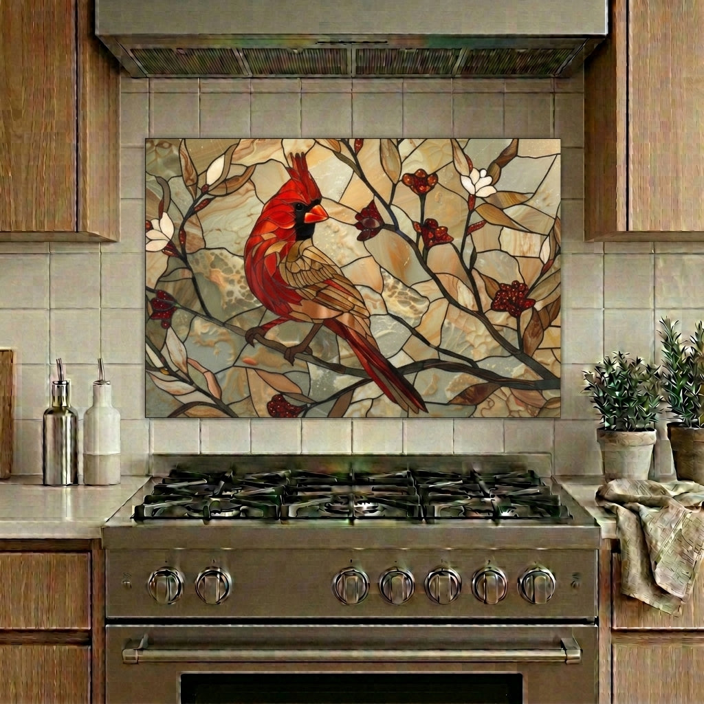 Cardinal Metal Kitchen Backsplash Panel, Stained Glass Look Bird Wall Art