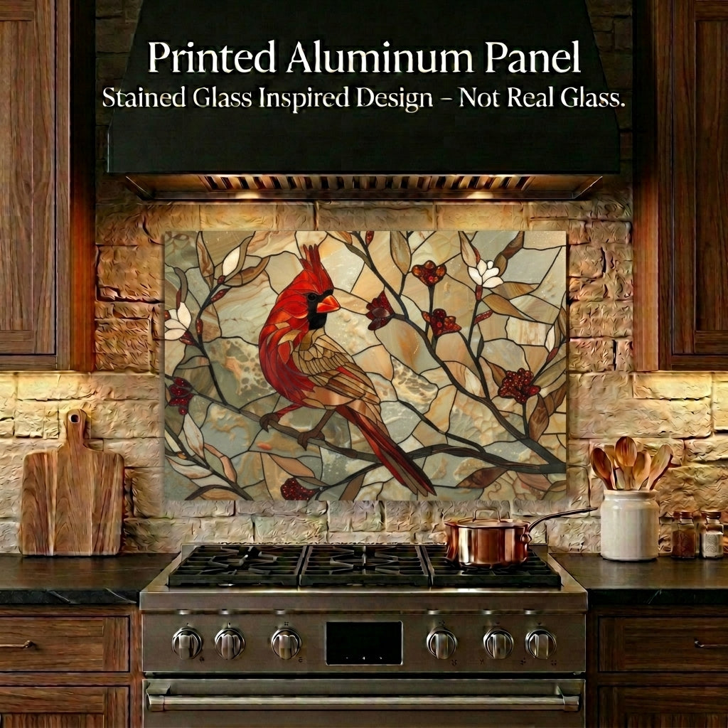Cardinal Metal Kitchen Backsplash Panel, Stained Glass Look Bird Wall Art