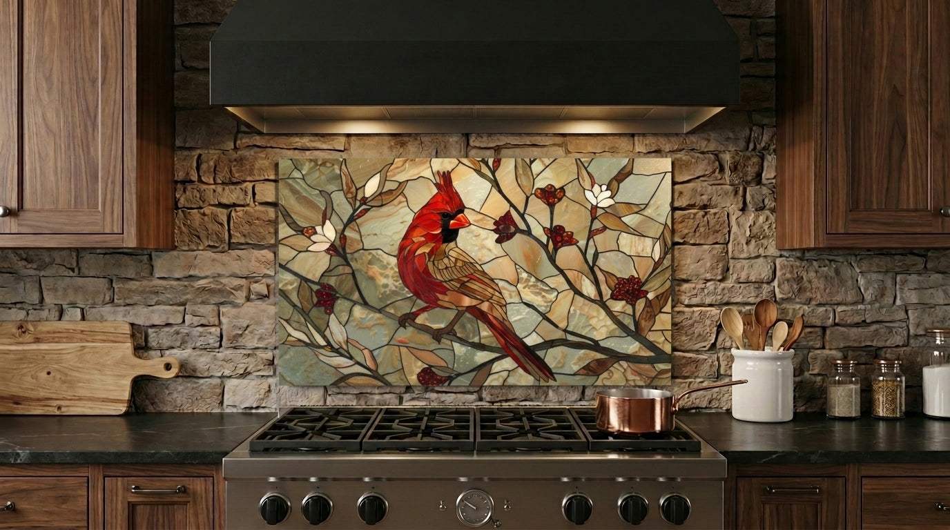 Cardinal Metal Kitchen Backsplash Panel, Stained Glass Look Bird Wall Art