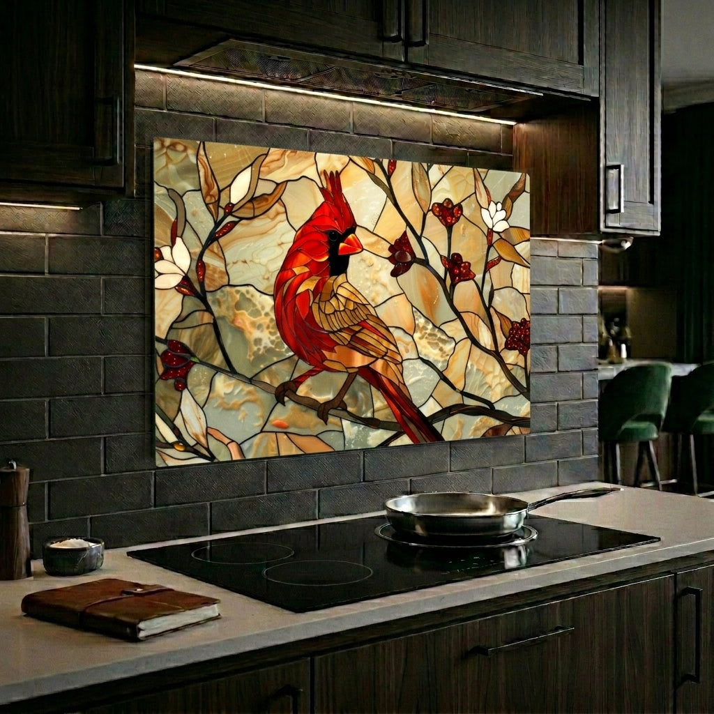 Cardinal Metal Kitchen Backsplash Panel, Stained Glass Look Bird Wall Art