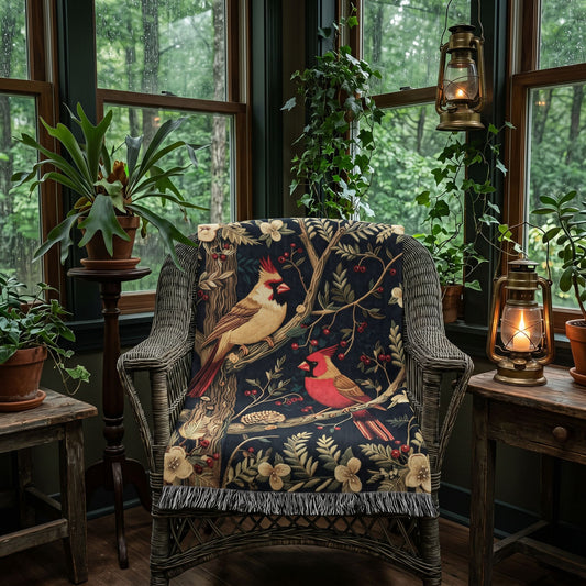Beaded Look Cardinal Woven Blanket | Woodland Cottage Bird Decor