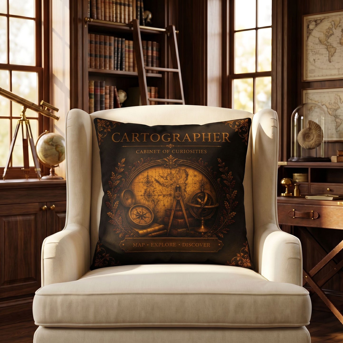Cartographer Cabinet of Curiosities Pillow, Dark Academia Throw Pillow, Library Decor Cushion, Museum Style Home Accent