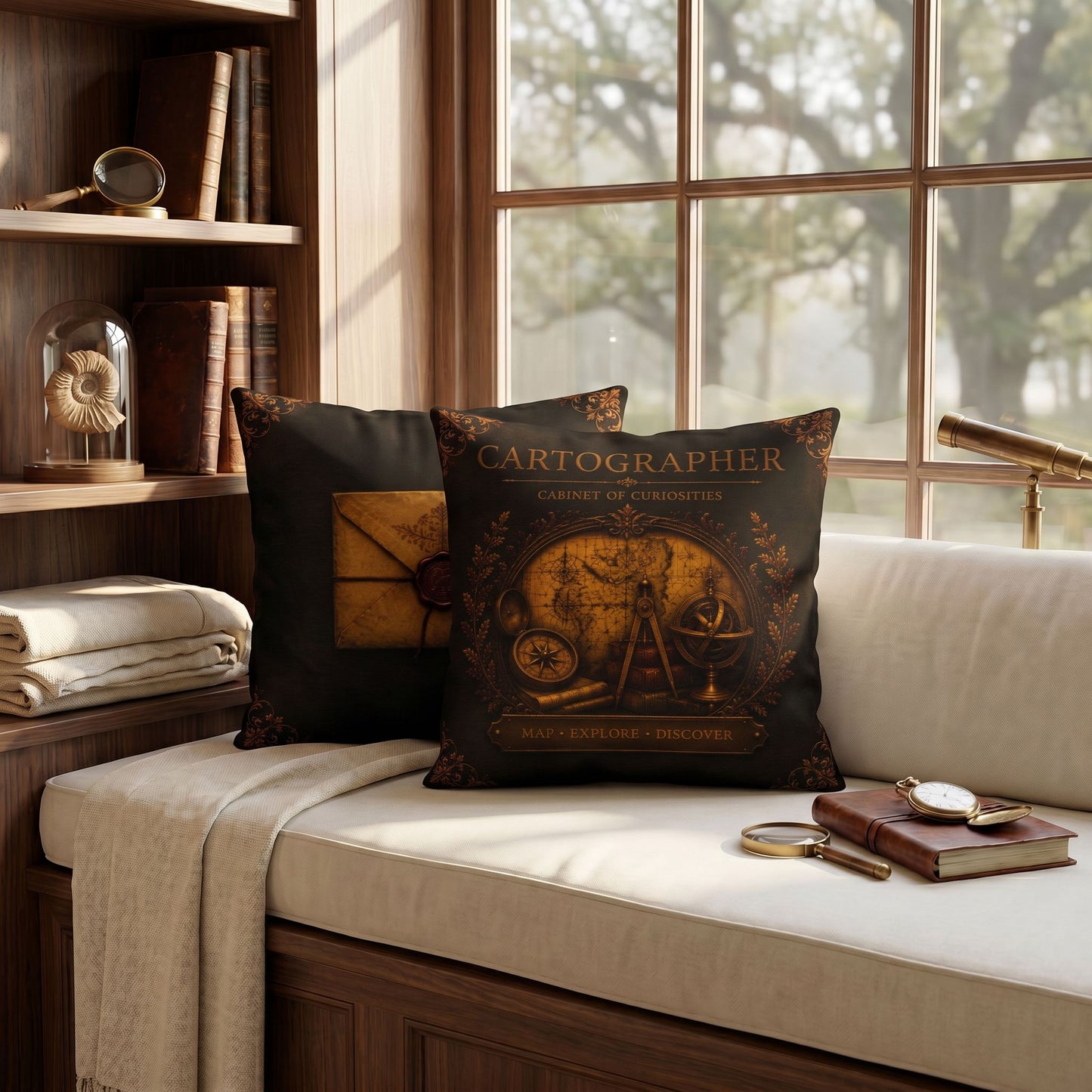 Cartographer Cabinet of Curiosities Pillow, Dark Academia Throw Pillow, Library Decor Cushion, Museum Style Home Accent