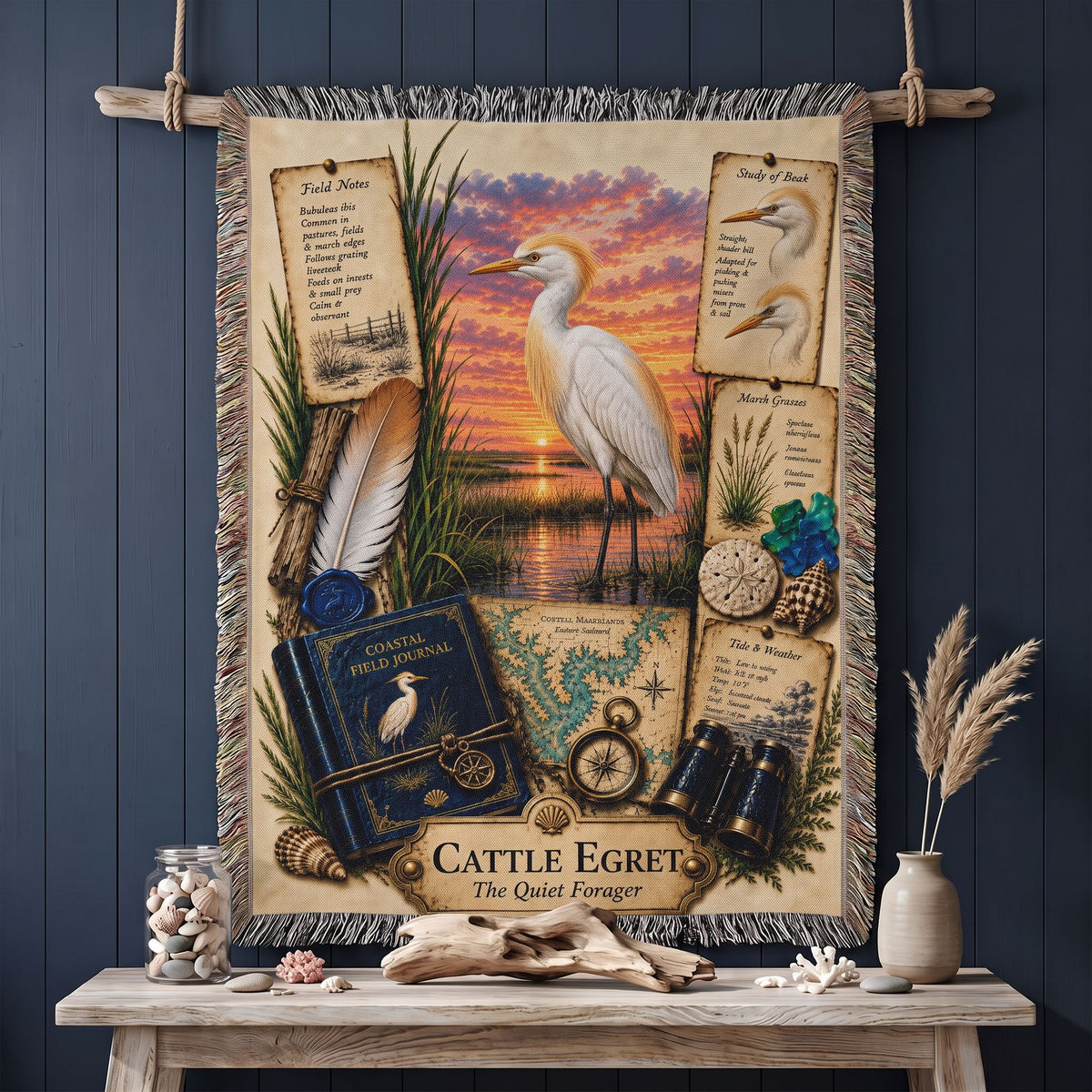Cattle Egret Woven Throw Blanket | Coastal Bird Decor | Cotton Tapestry Throw | Naturalist Journal Gift