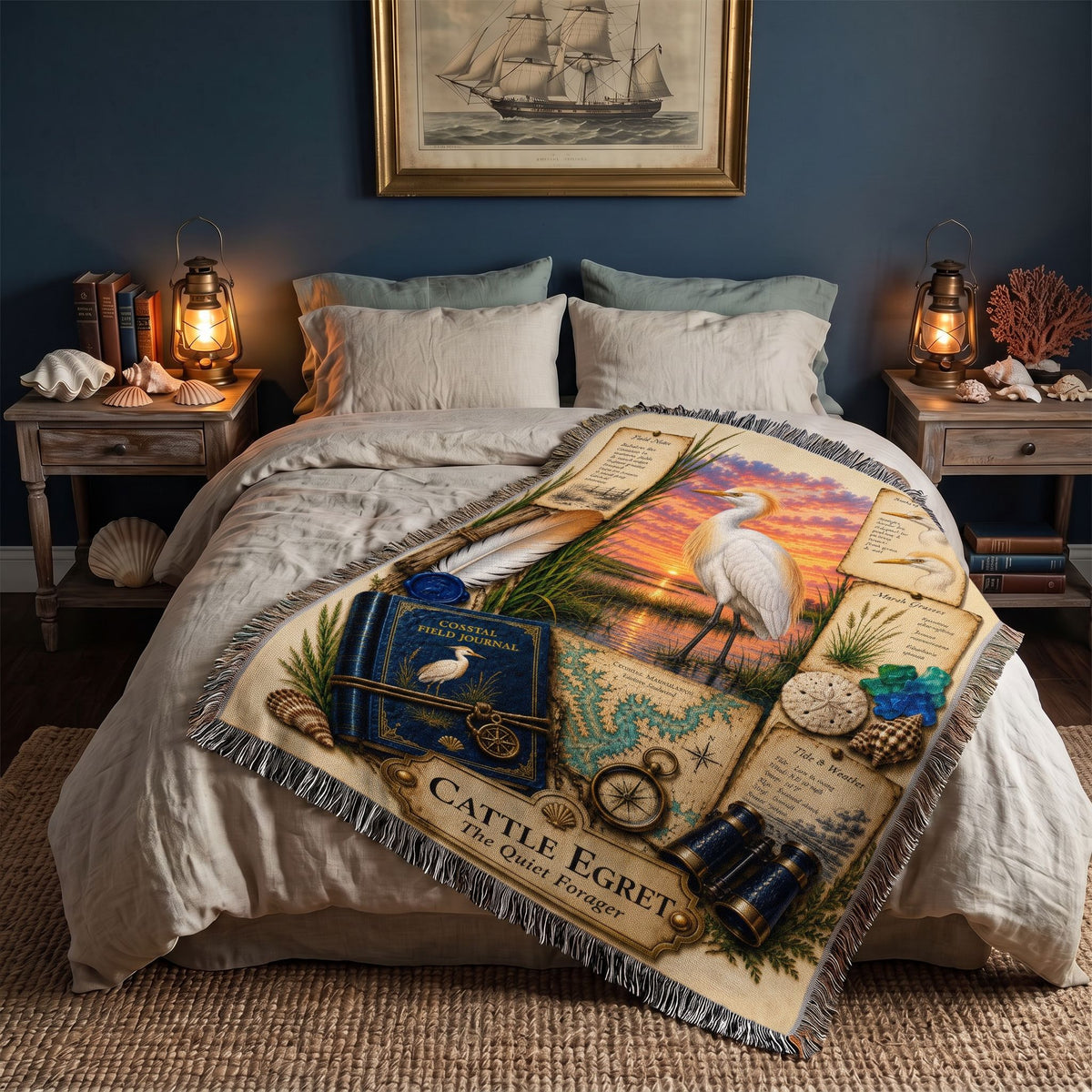 Cattle Egret Woven Throw Blanket | Coastal Bird Decor | Cotton Tapestry Throw | Naturalist Journal Gift
