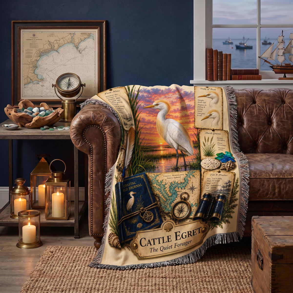 Cattle Egret Woven Throw Blanket | Coastal Bird Decor | Cotton Tapestry Throw | Naturalist Journal Gift