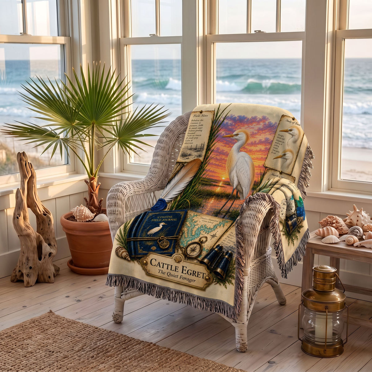 Cattle Egret Woven Throw Blanket | Coastal Bird Decor | Cotton Tapestry Throw | Naturalist Journal Gift
