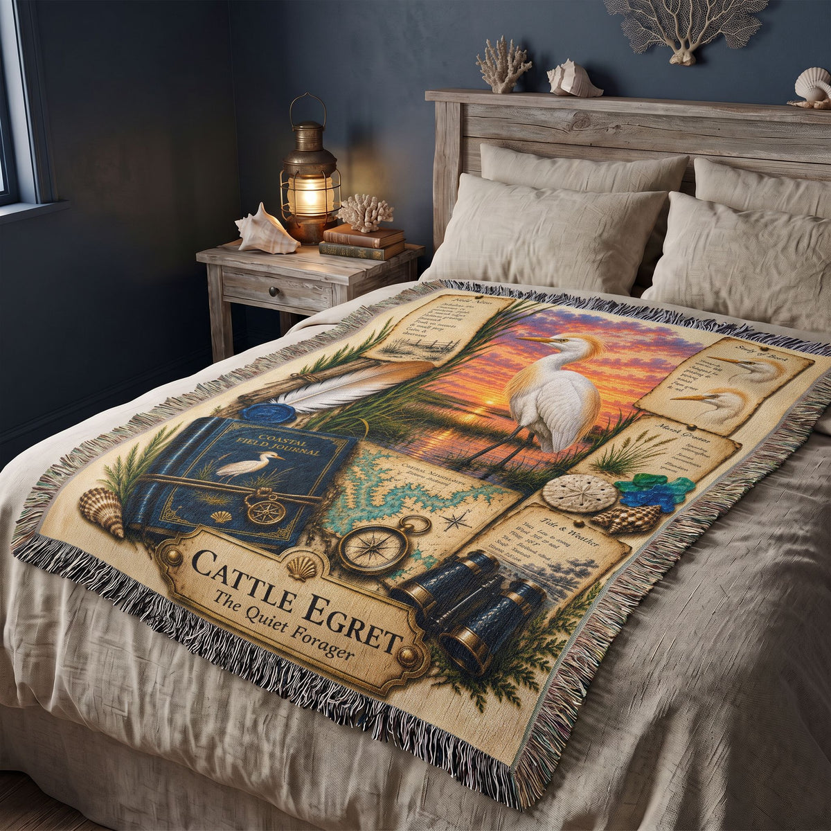 Cattle Egret Woven Throw Blanket | Coastal Bird Decor | Cotton Tapestry Throw | Naturalist Journal Gift