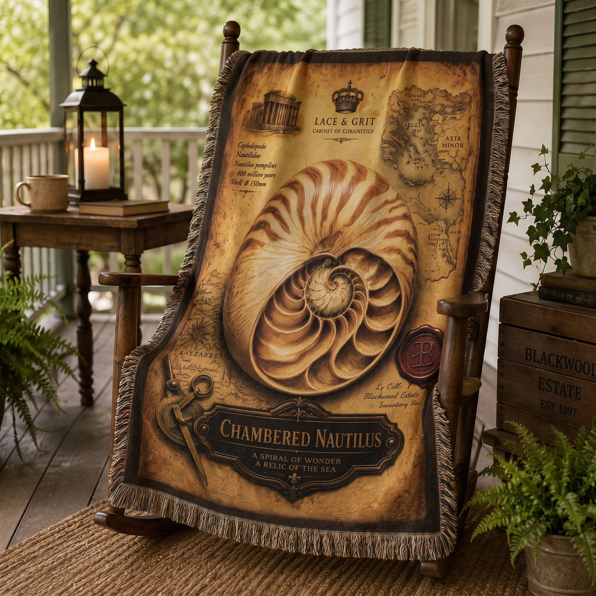 Chambered Nautilus Woven Throw Blanket | Cabinet of Curiosities Decor | Cotton Tapestry | Natural History Gift