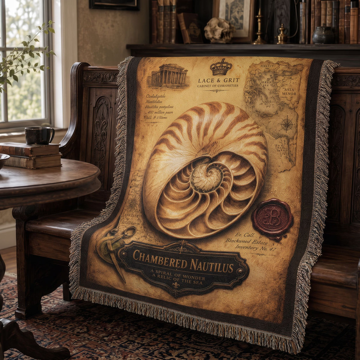 Chambered Nautilus Woven Throw Blanket | Cabinet of Curiosities Decor | Cotton Tapestry | Natural History Gift