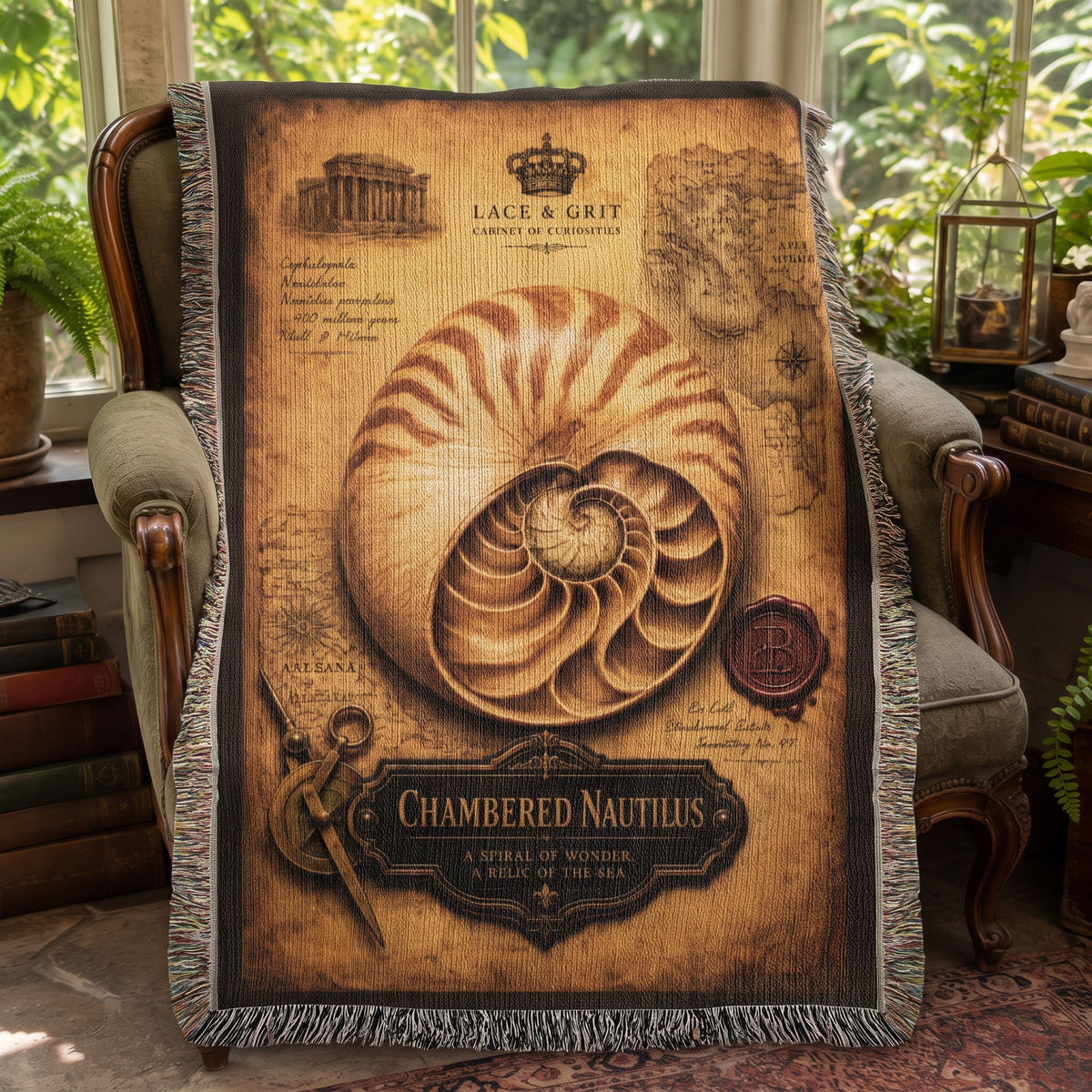 Chambered Nautilus Woven Throw Blanket | Cabinet of Curiosities Decor | Cotton Tapestry | Natural History Gift