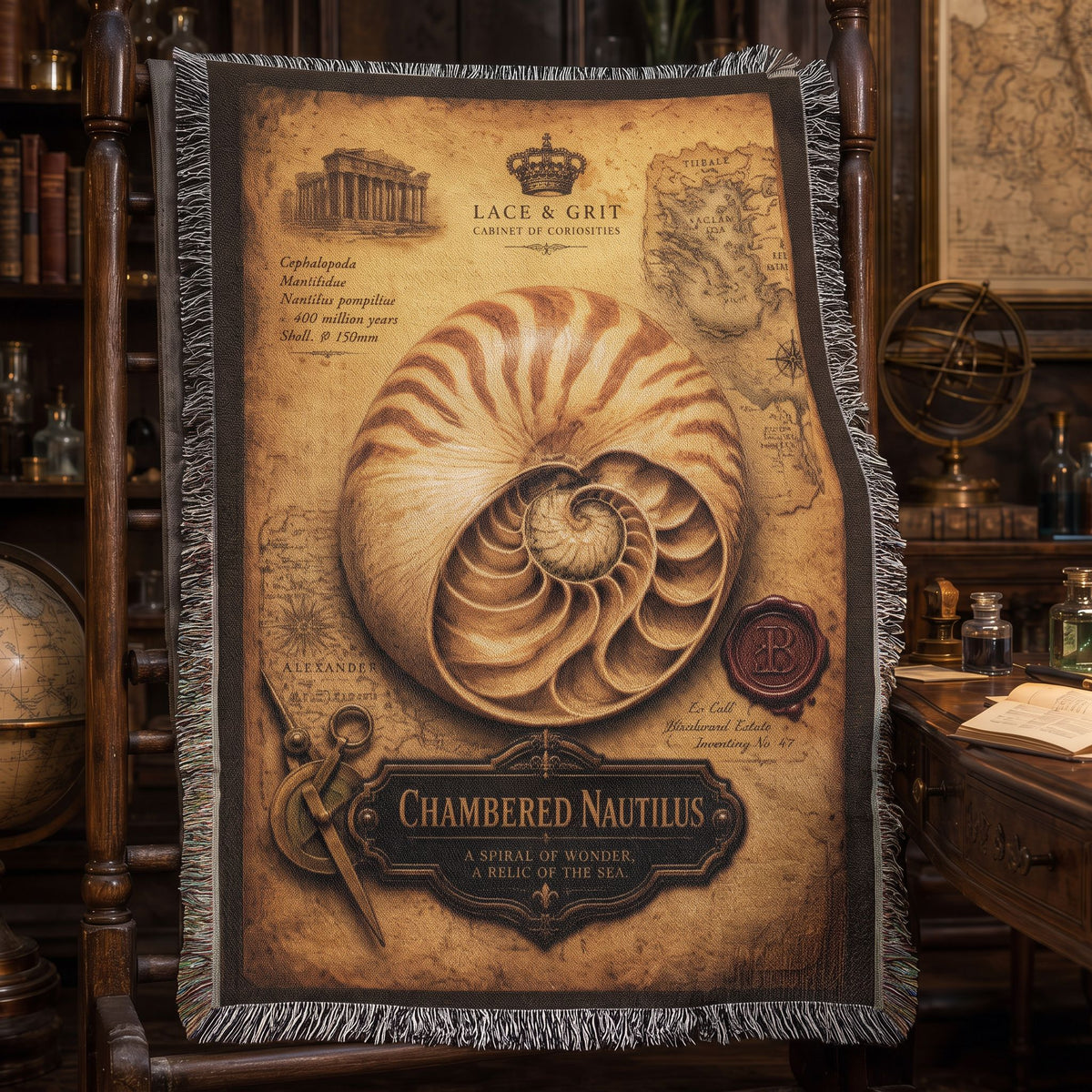 Chambered Nautilus Woven Throw Blanket | Cabinet of Curiosities Decor | Cotton Tapestry | Natural History Gift