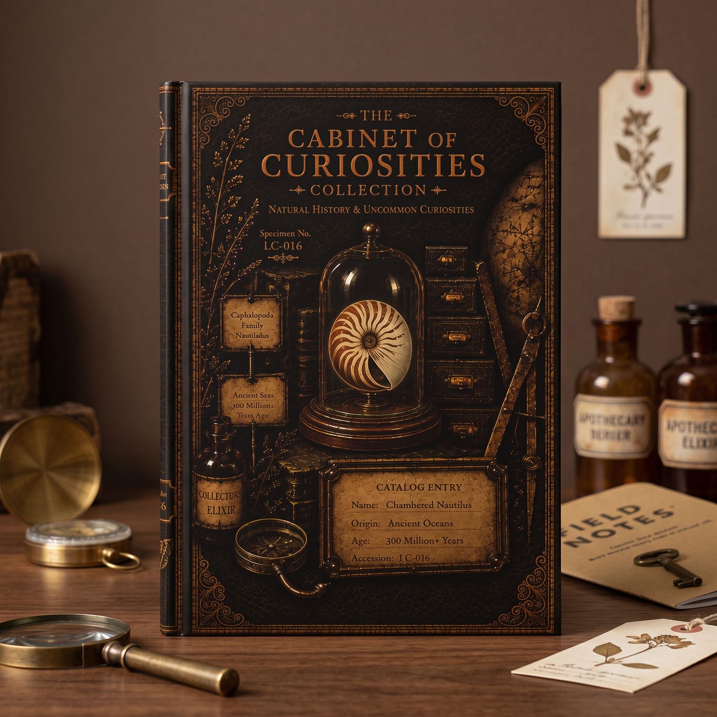 Chambered Nautilus Journal, Personalized Cabinet of Curiosities Hardcover Notebook, Nautical Gift