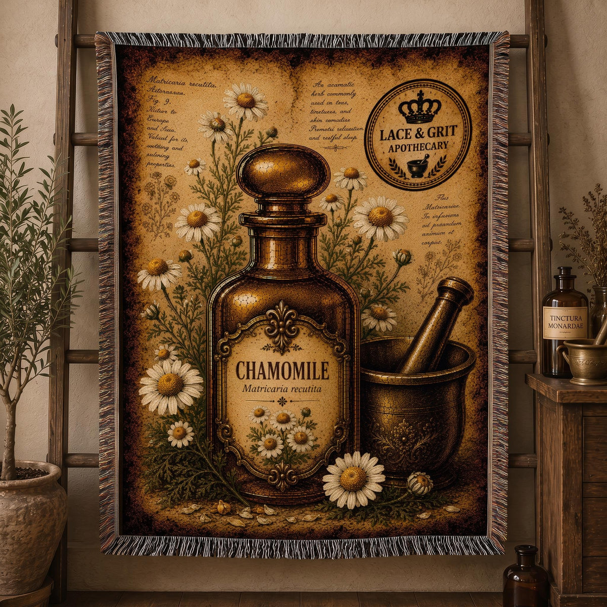 Chamomile Woven Throw Blanket, Botanical Apothecary Decor, Cotton Tapestry Throw, English Cottage Herbal Gift