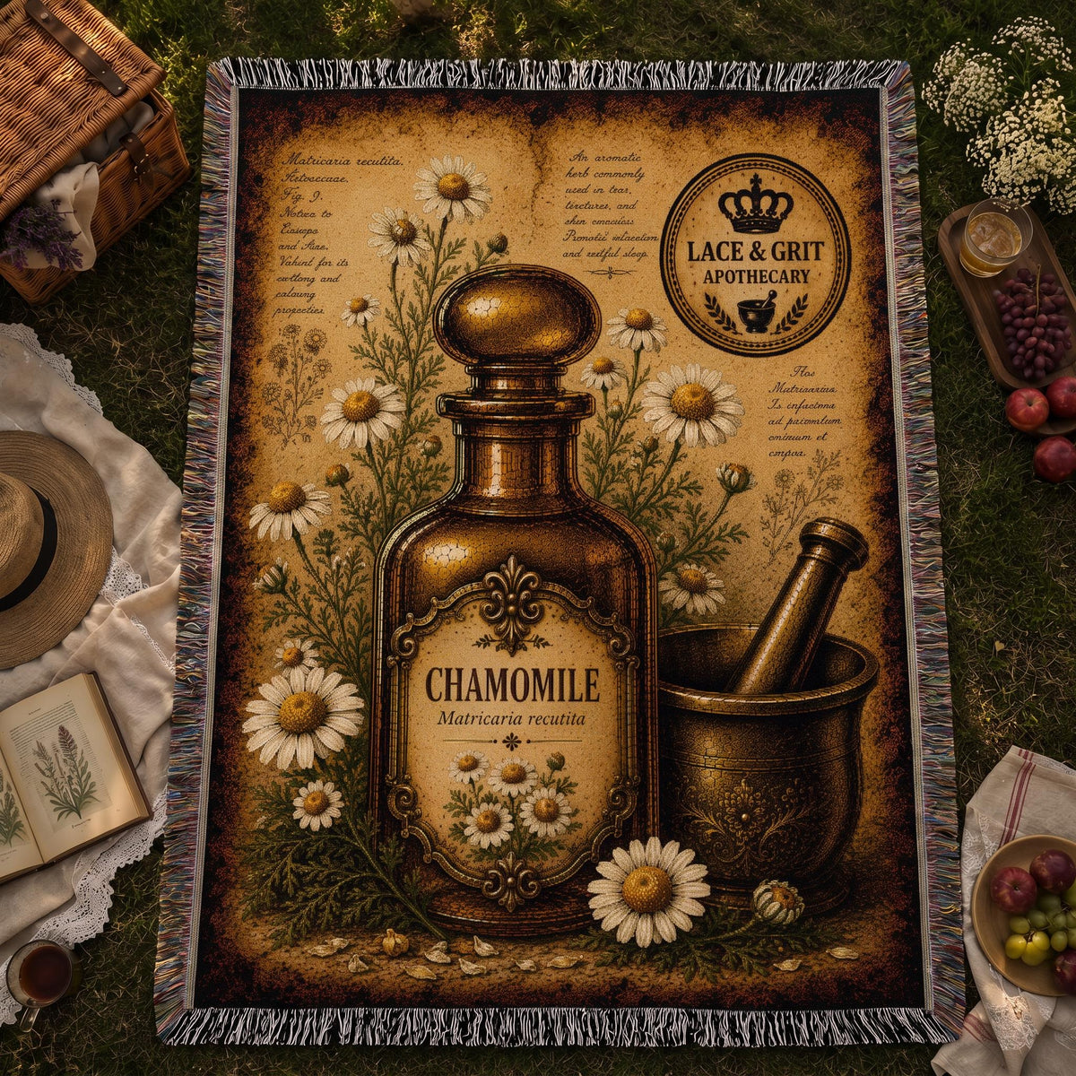 Chamomile Woven Throw Blanket, Botanical Apothecary Decor, Cotton Tapestry Throw, English Cottage Herbal Gift