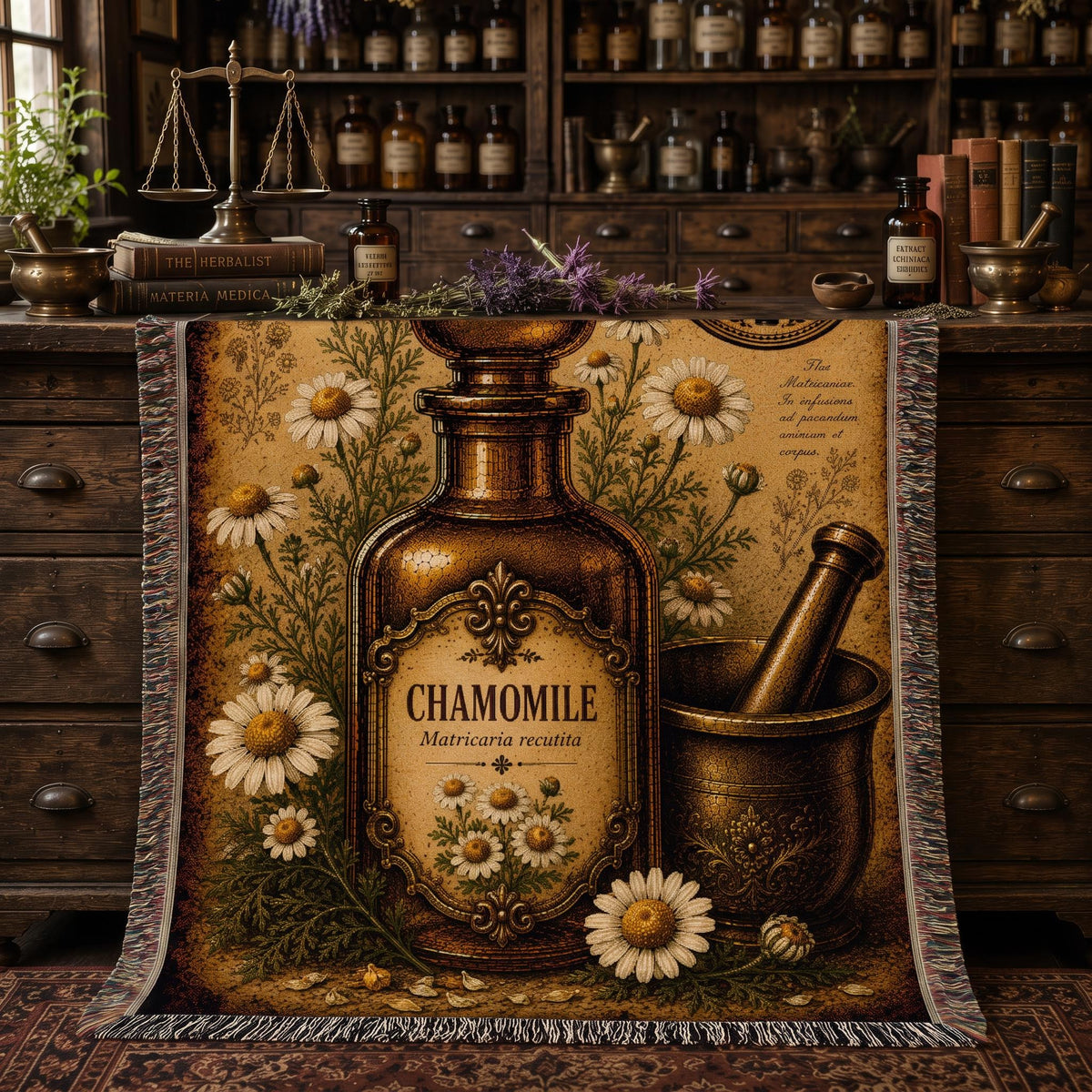 Chamomile Woven Throw Blanket, Botanical Apothecary Decor, Cotton Tapestry Throw, English Cottage Herbal Gift
